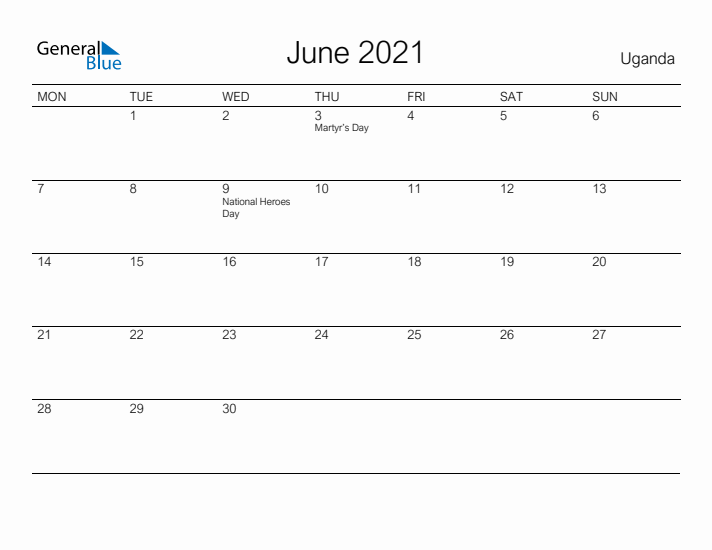 Printable June 2021 Calendar for Uganda