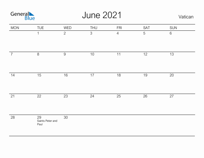 Printable June 2021 Calendar for Vatican