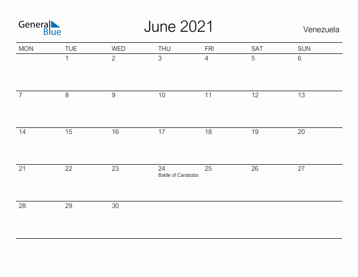 Printable June 2021 Calendar for Venezuela