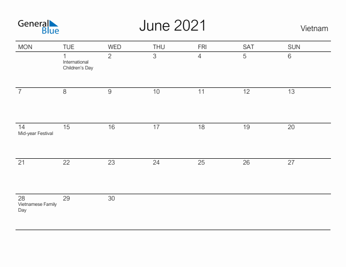 Printable June 2021 Calendar for Vietnam