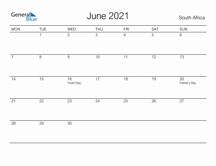 Printable June 2021 Calendar for South Africa