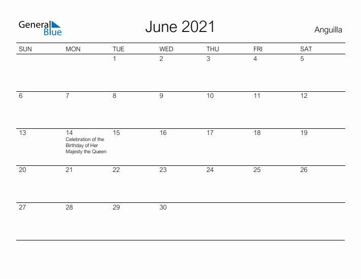 Printable June 2021 Calendar for Anguilla