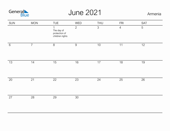 Printable June 2021 Calendar for Armenia