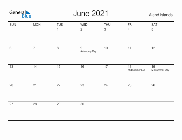 Printable June 2021 Calendar for Aland Islands