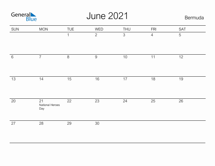 Printable June 2021 Calendar for Bermuda