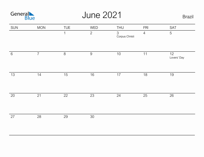 Printable June 2021 Calendar for Brazil