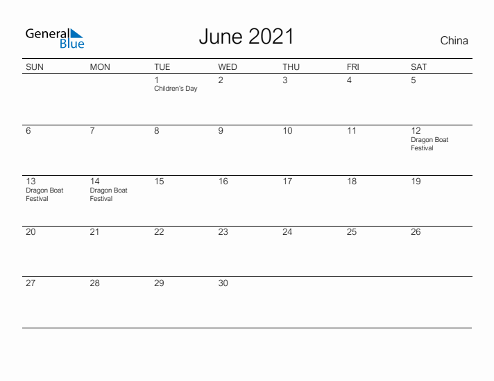 Printable June 2021 Calendar for China