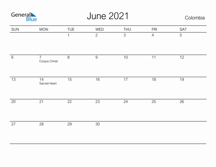 Printable June 2021 Calendar for Colombia