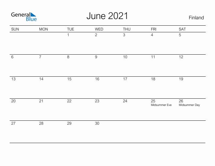 Printable June 2021 Calendar for Finland