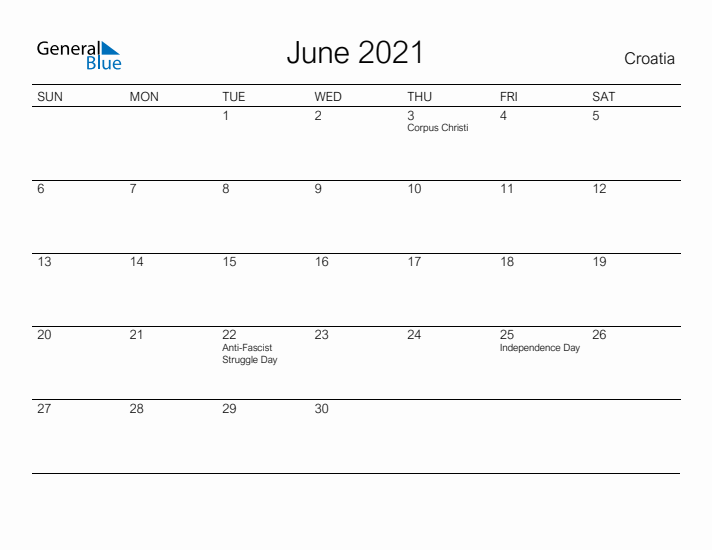 Printable June 2021 Calendar for Croatia