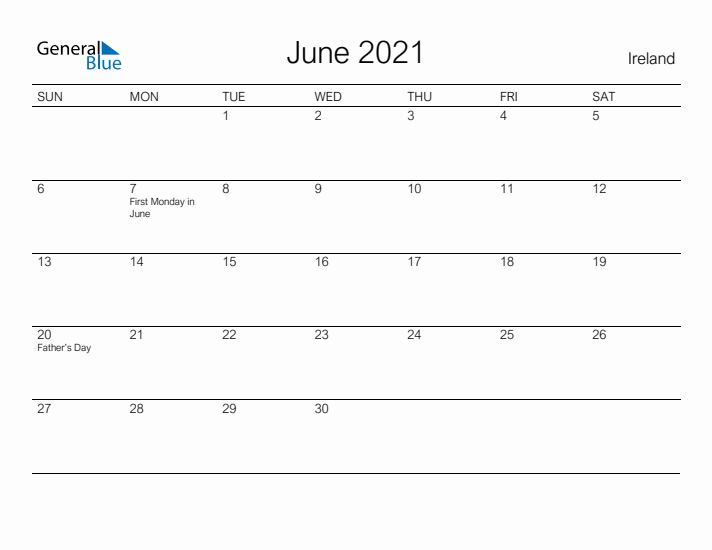 Printable June 2021 Calendar for Ireland