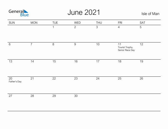 Printable June 2021 Calendar for Isle of Man