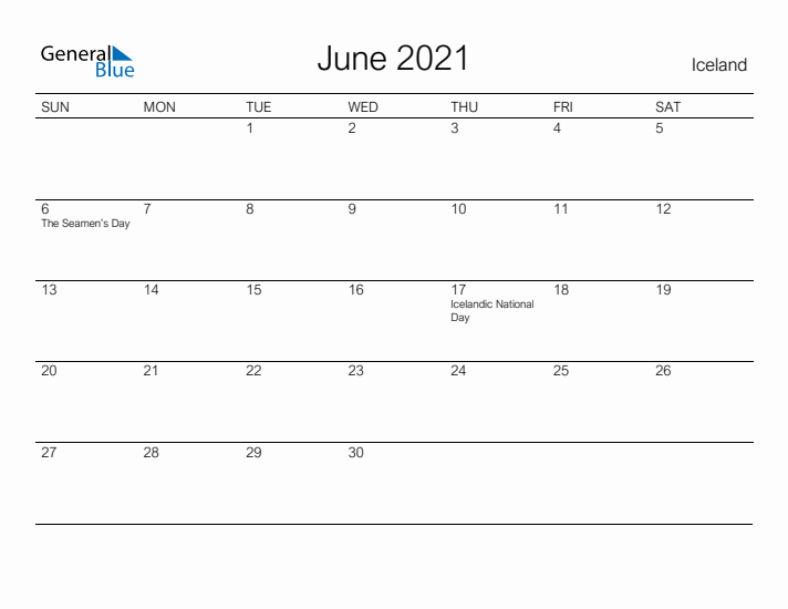 Printable June 2021 Calendar for Iceland