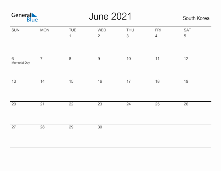Printable June 2021 Calendar for South Korea