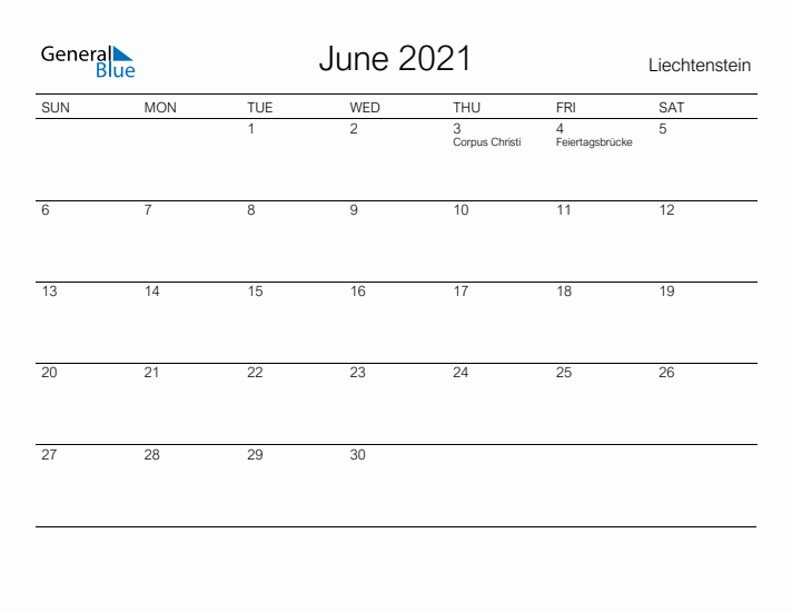 Printable June 2021 Calendar for Liechtenstein