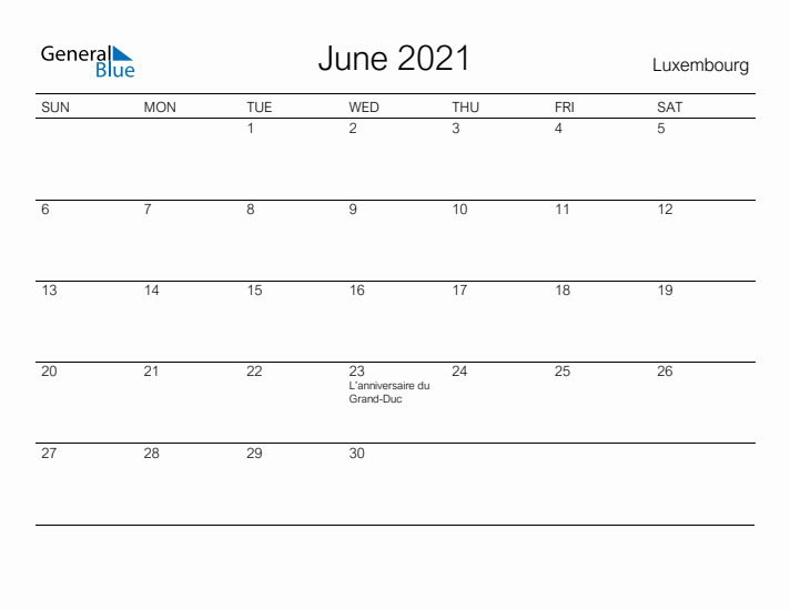 Printable June 2021 Calendar for Luxembourg