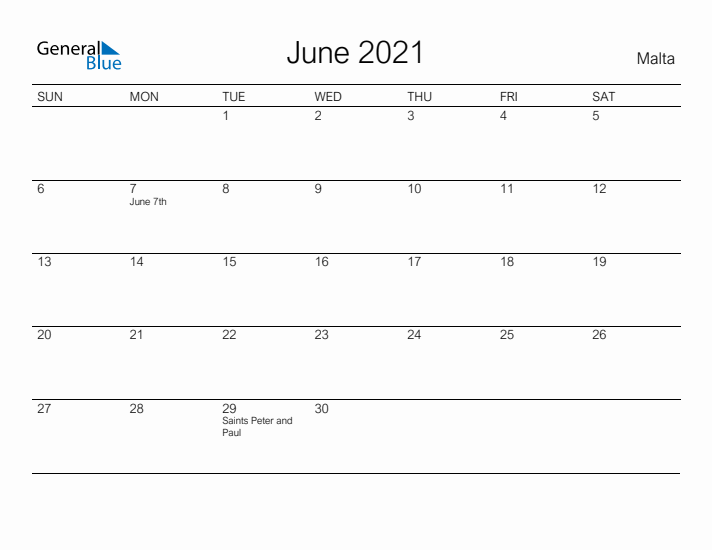 Printable June 2021 Calendar for Malta