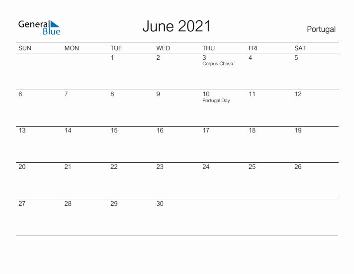 Printable June 2021 Calendar for Portugal