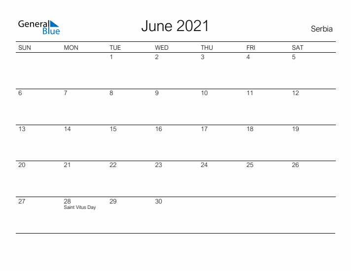 Printable June 2021 Calendar for Serbia