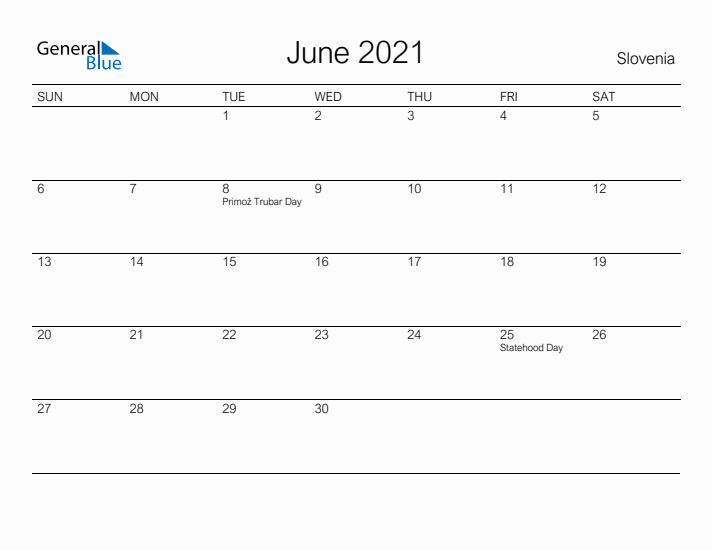 Printable June 2021 Calendar for Slovenia