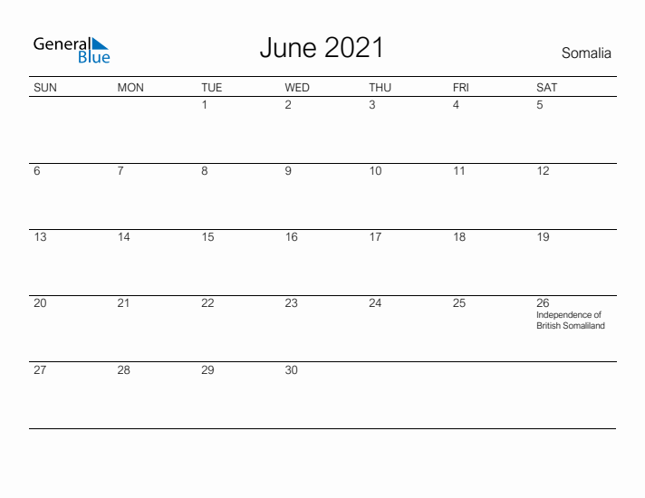 Printable June 2021 Calendar for Somalia