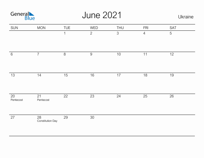 Printable June 2021 Calendar for Ukraine