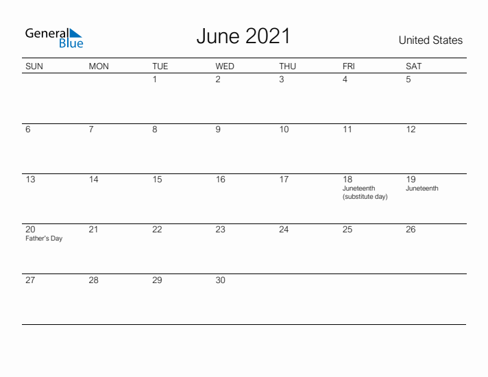Printable June 2021 Calendar for United States