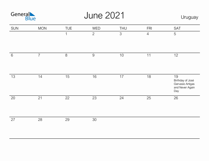 Printable June 2021 Calendar for Uruguay
