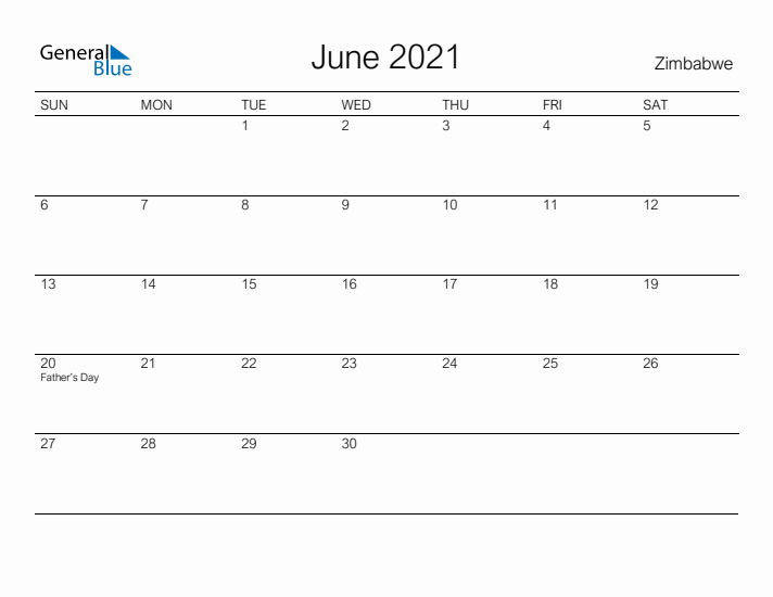 Printable June 2021 Calendar for Zimbabwe