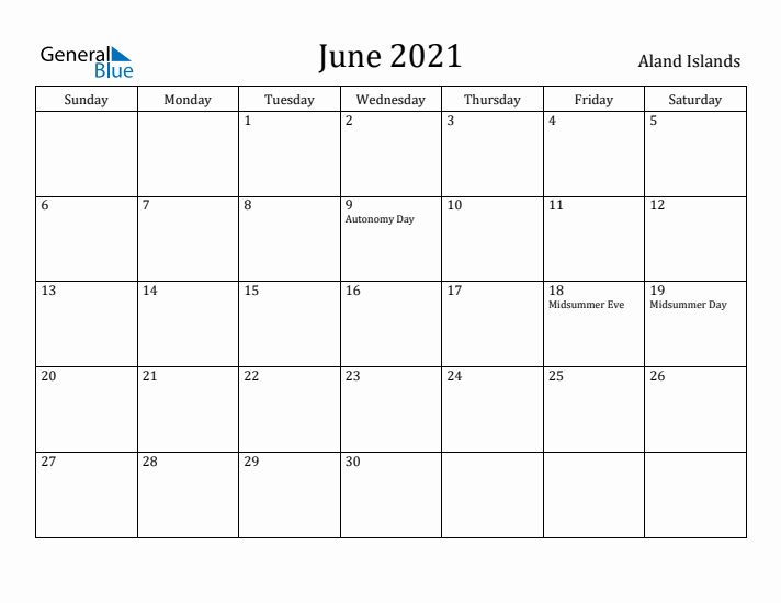 June 2021 Calendar Aland Islands