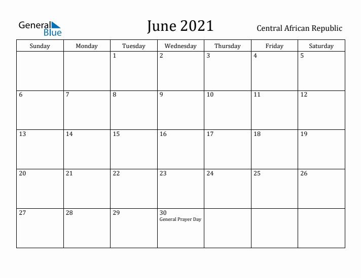 June 2021 Calendar Central African Republic