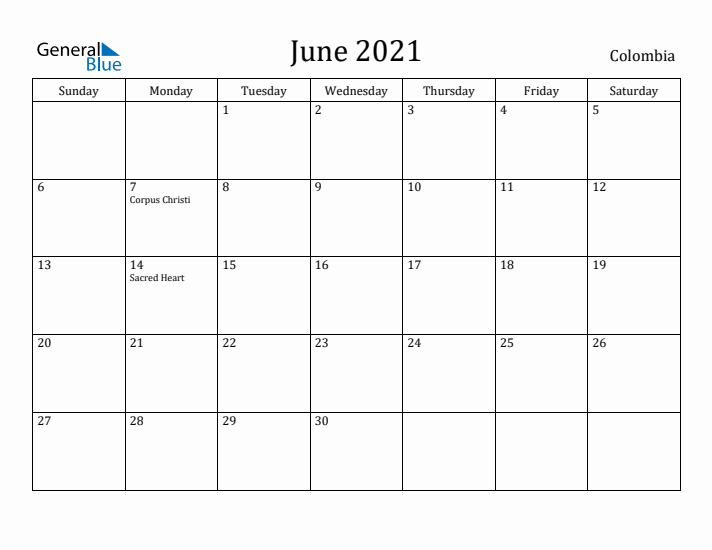 June 2021 Calendar Colombia