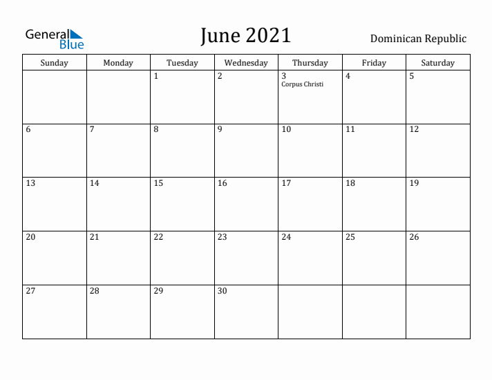 June 2021 Calendar Dominican Republic
