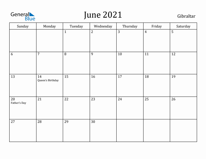 June 2021 Calendar Gibraltar