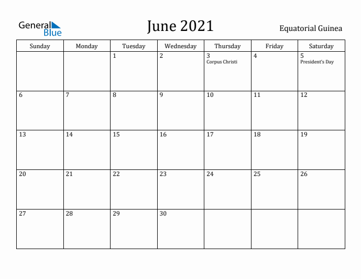 June 2021 Calendar Equatorial Guinea