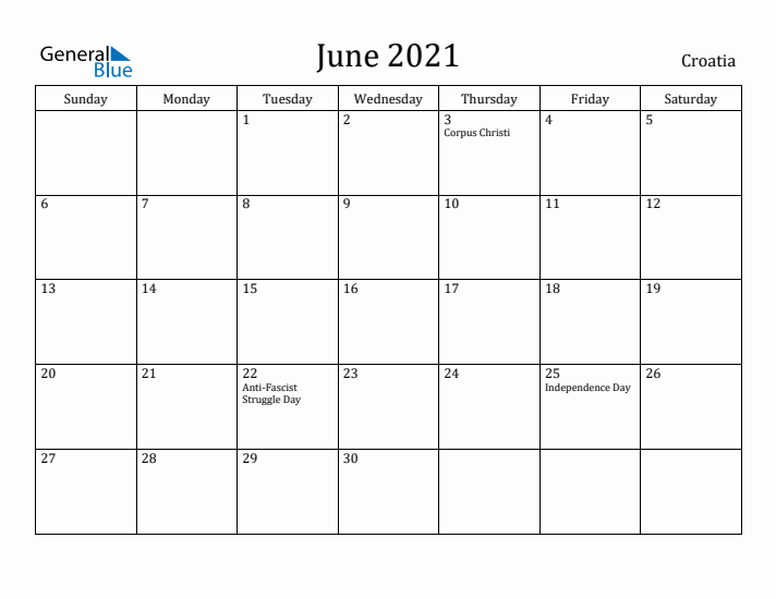 June 2021 Calendar Croatia