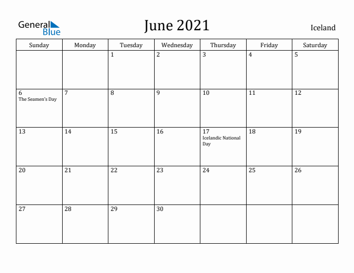 June 2021 Calendar Iceland
