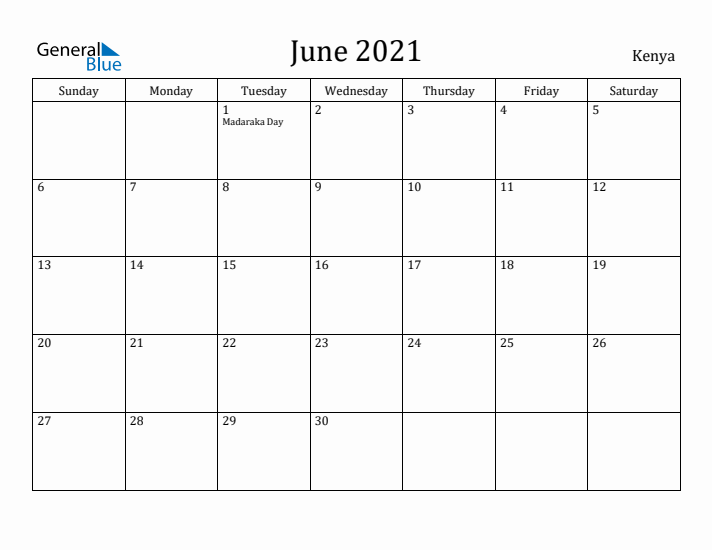 June 2021 Calendar Kenya