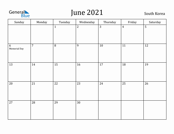 June 2021 Calendar South Korea