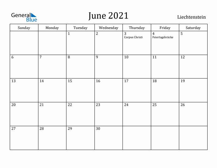 June 2021 Calendar Liechtenstein