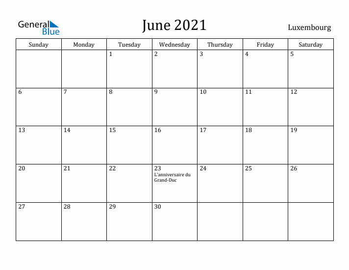 June 2021 Calendar Luxembourg