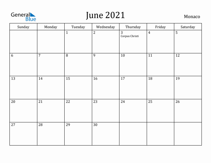June 2021 Calendar Monaco