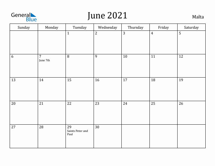 June 2021 Calendar Malta