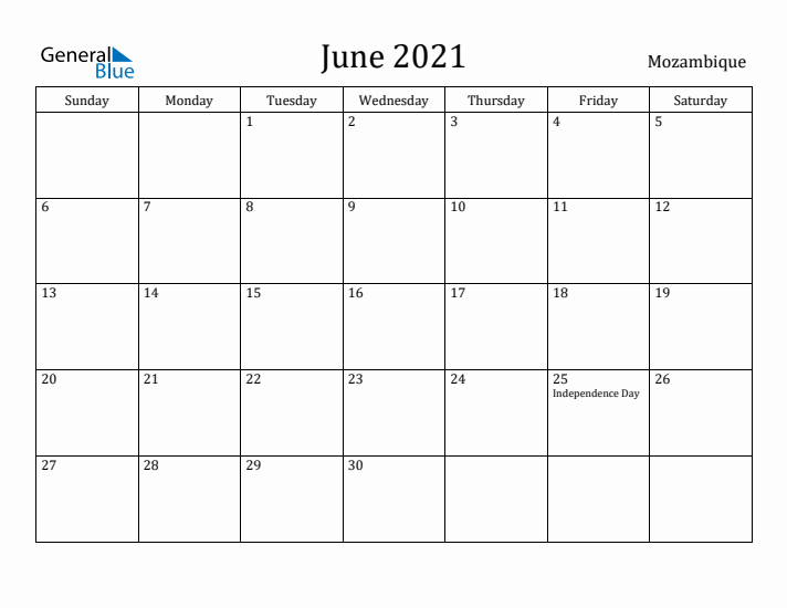 June 2021 Calendar Mozambique