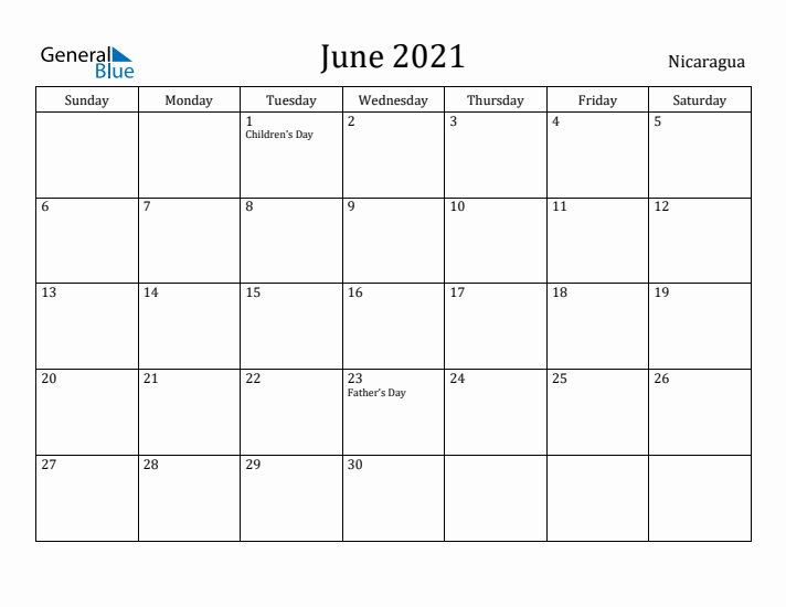 June 2021 Calendar Nicaragua