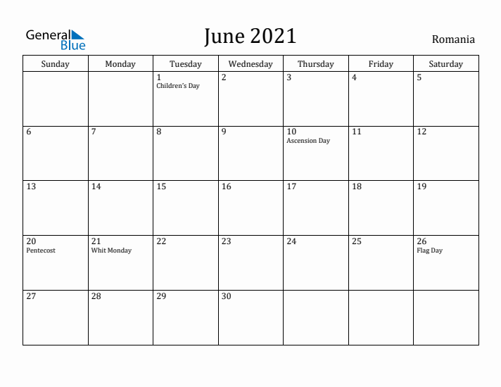June 2021 Calendar Romania