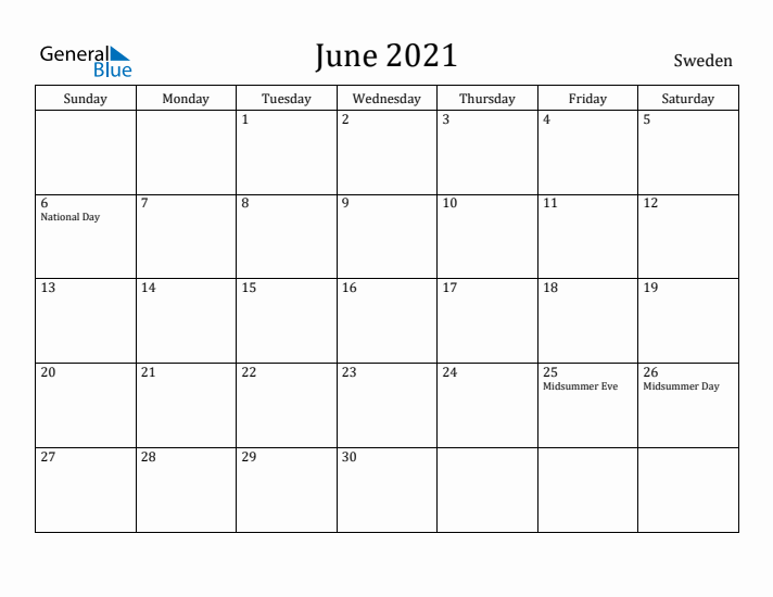 June 2021 Calendar Sweden
