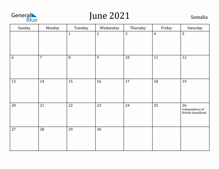 June 2021 Calendar Somalia