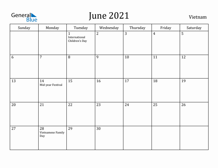 June 2021 Calendar Vietnam