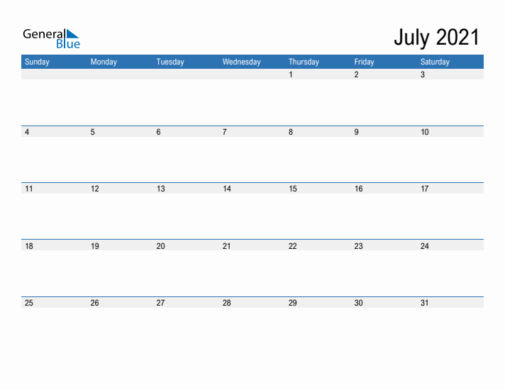 Fillable Calendar for July 2021